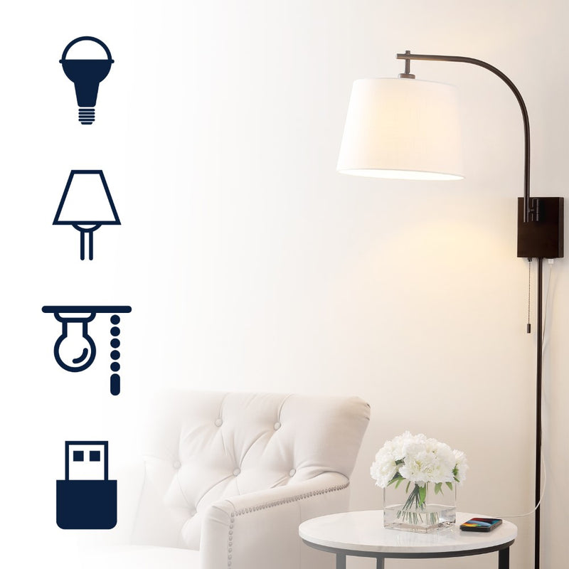 Gosling 22.5" Mid-Century Modern Plug-In or Hardwired Iron LED Gooseneck Swing Arm Wall Sconce with Pull-Chain and USB Charging Port