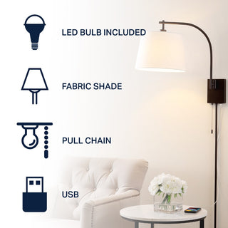 Gosling 22.5" Mid-Century Modern Plug-In or Hardwired Iron LED Gooseneck Swing Arm Wall Sconce with Pull-Chain and USB Charging Port