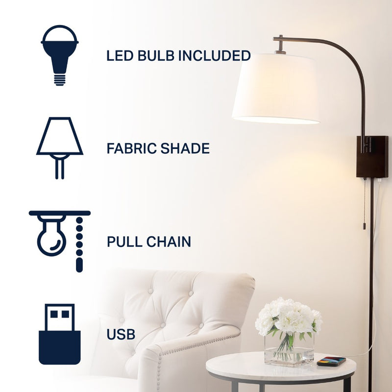 Gosling 22.5" Mid-Century Modern Plug-In or Hardwired Iron LED Gooseneck Swing Arm Wall Sconce with Pull-Chain and USB Charging Port