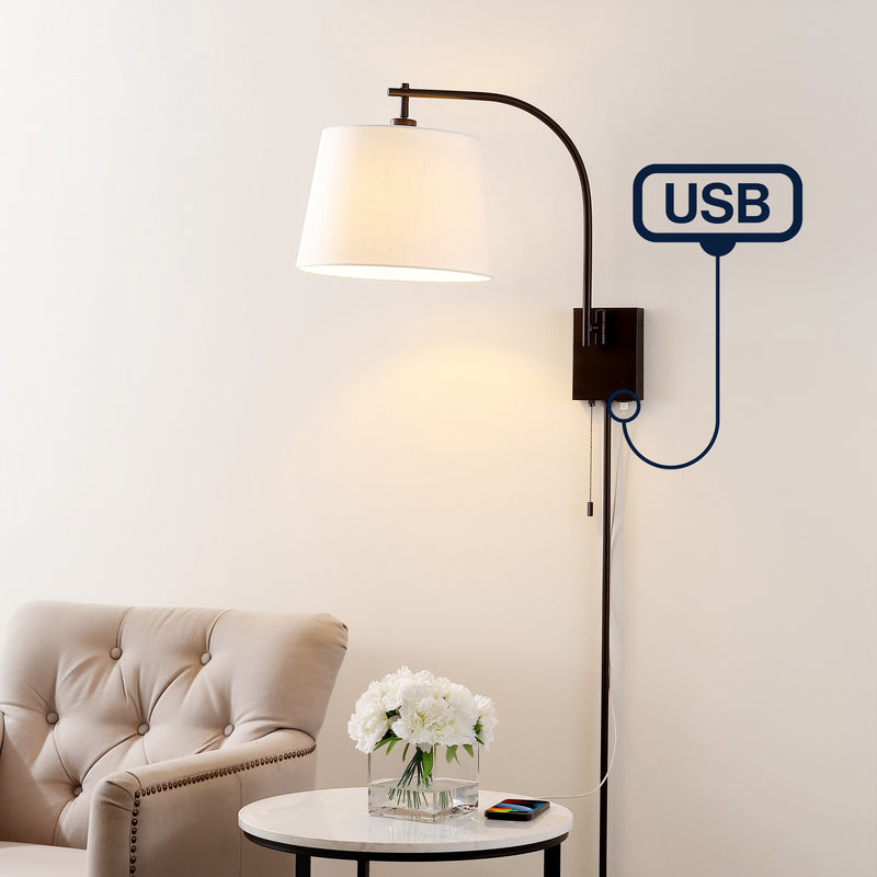 Gosling 22.5" Mid-Century Modern Plug-In or Hardwired Iron LED Gooseneck Swing Arm Wall Sconce with Pull-Chain and USB Charging Port