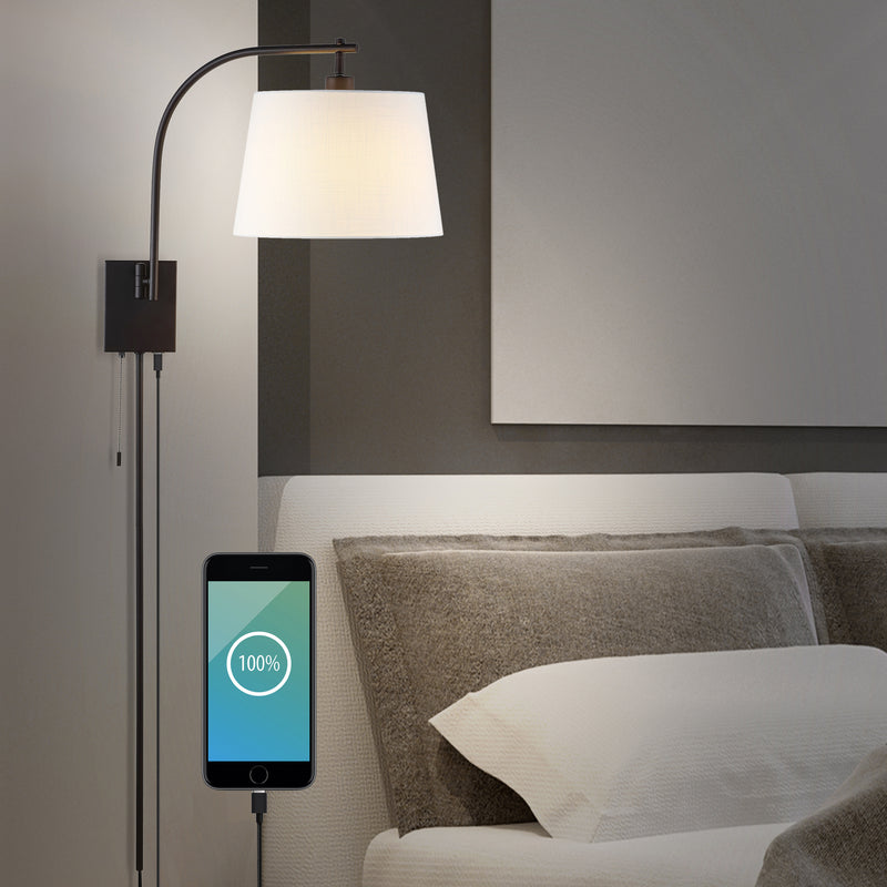 Gosling 22.5" Mid-Century Modern Plug-In or Hardwired Iron LED Gooseneck Swing Arm Wall Sconce with Pull-Chain and USB Charging Port