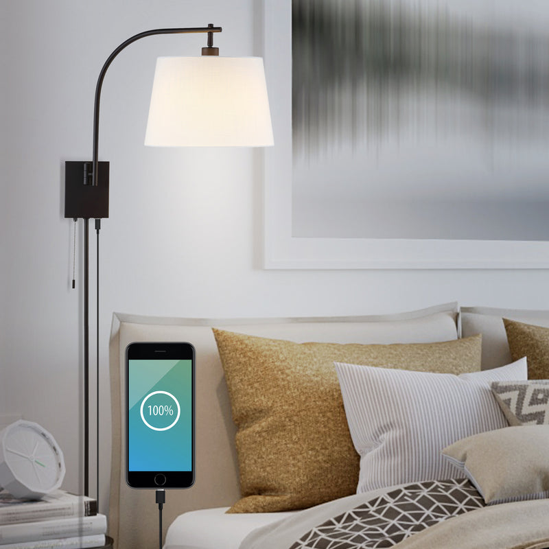 Gosling 22.5" Mid-Century Modern Plug-In or Hardwired Iron LED Gooseneck Swing Arm Wall Sconce with Pull-Chain and USB Charging Port