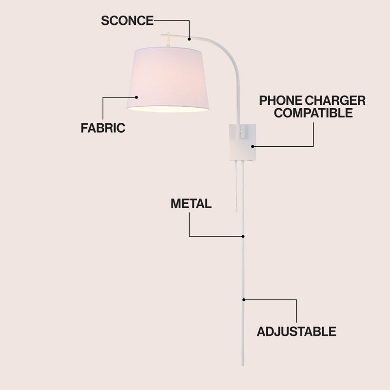 Gosling 22.5" Mid-Century Modern Plug-In or Hardwired Iron LED Gooseneck Swing Arm Wall Sconce with Pull-Chain and USB Charging Port
