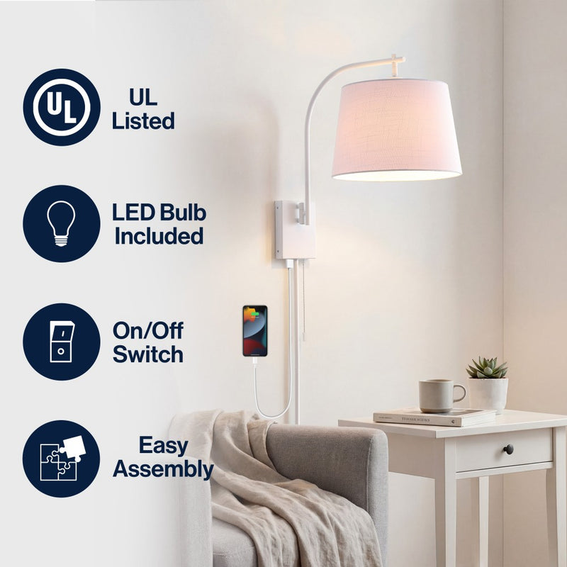 Gosling 22.5" Mid-Century Modern Plug-In or Hardwired Iron LED Gooseneck Swing Arm Wall Sconce with Pull-Chain and USB Charging Port