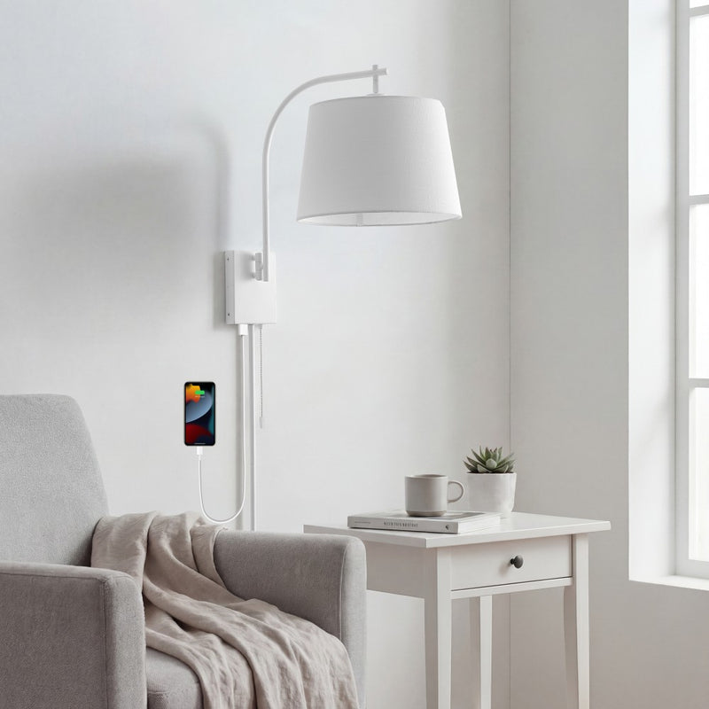 Gosling 22.5" Mid-Century Modern Plug-In or Hardwired Iron LED Gooseneck Swing Arm Wall Sconce with Pull-Chain and USB Charging Port