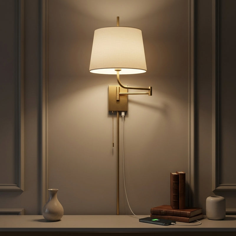 Gosling 22.5" Mid-Century Modern Plug-In or Hardwired Iron LED Gooseneck Swing Arm Wall Sconce with Pull-Chain and USB Charging Port Brass Gold – AI-ON