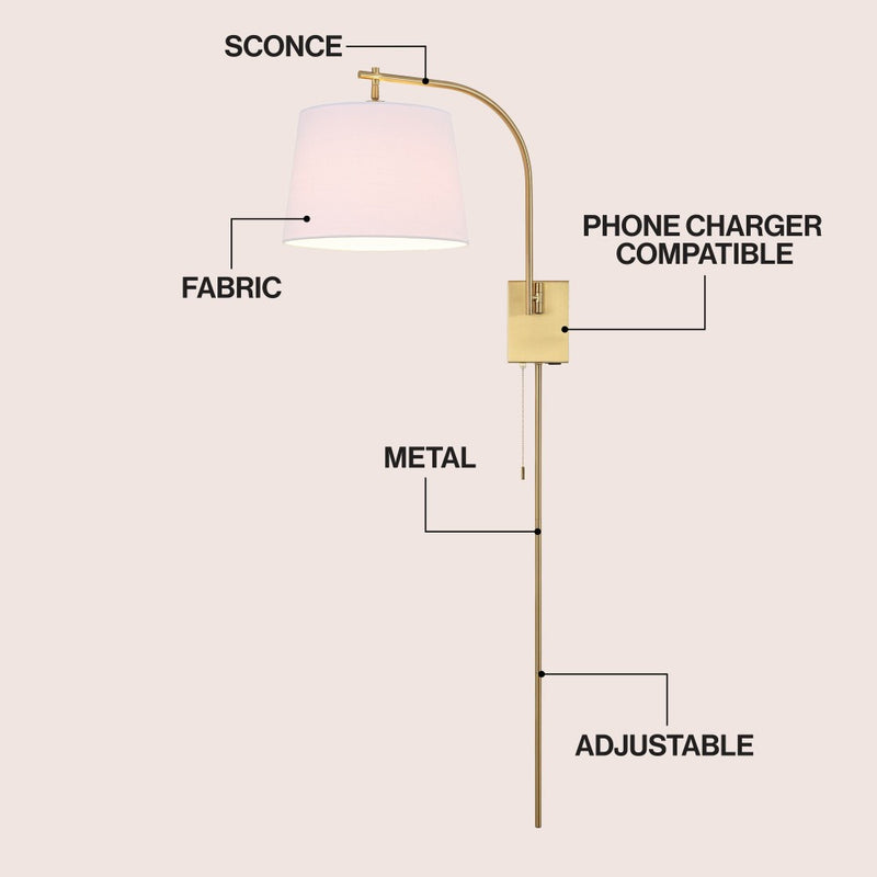 Gosling 22.5" Mid-Century Modern Plug-In or Hardwired Iron LED Gooseneck Swing Arm Wall Sconce with Pull-Chain and USB Charging Port