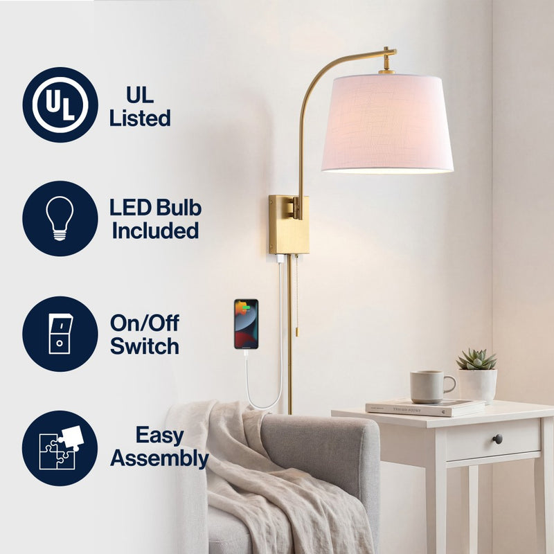 Gosling 22.5" Mid-Century Modern Plug-In or Hardwired Iron LED Gooseneck Swing Arm Wall Sconce with Pull-Chain and USB Charging Port