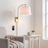 Gosling 22.5" Mid-Century Modern Plug-In or Hardwired Iron LED Gooseneck Swing Arm Wall Sconce with Pull-Chain and USB Charging Port