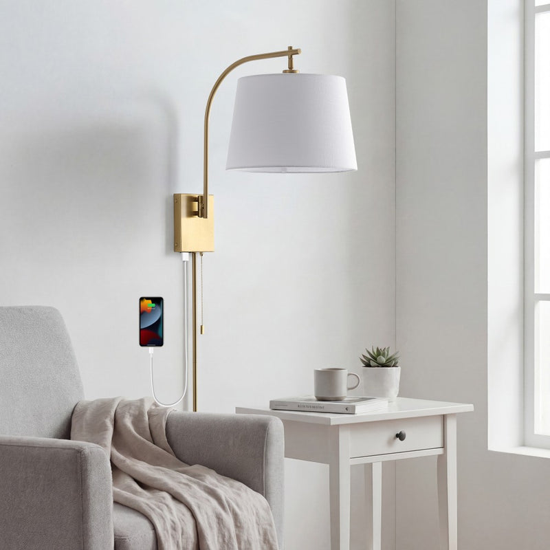 Gosling 22.5" Mid-Century Modern Plug-In or Hardwired Iron LED Gooseneck Swing Arm Wall Sconce with Pull-Chain and USB Charging Port