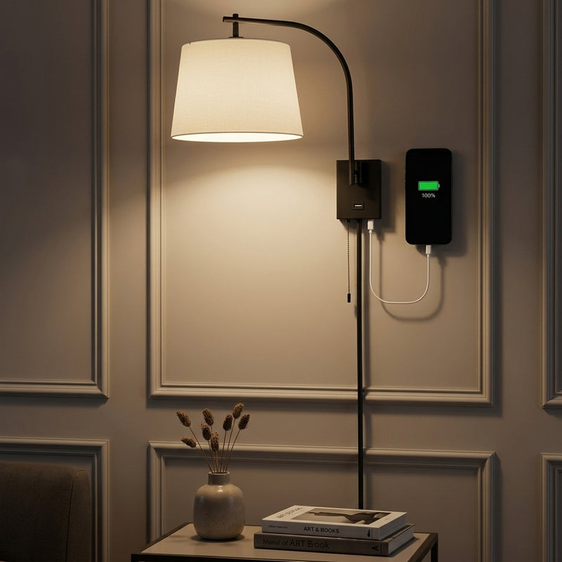 Gosling 22.5" Mid-Century Modern Plug-In or Hardwired Iron LED Gooseneck Swing Arm Wall Sconce with Pull-Chain and USB Charging Port Black – AI-ON