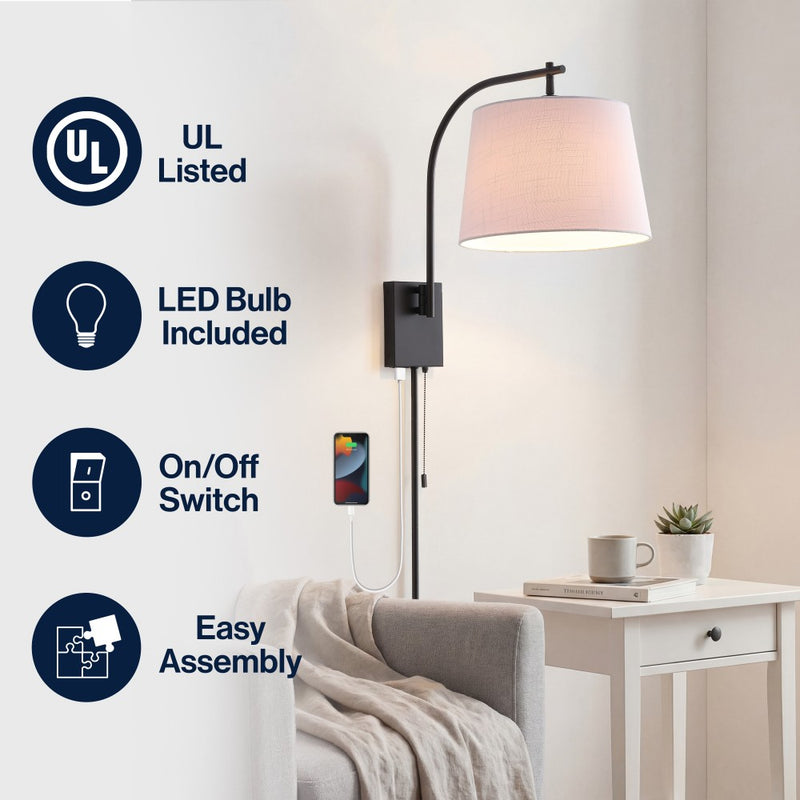 Gosling 22.5" Mid-Century Modern Plug-In or Hardwired Iron LED Gooseneck Swing Arm Wall Sconce with Pull-Chain and USB Charging Port