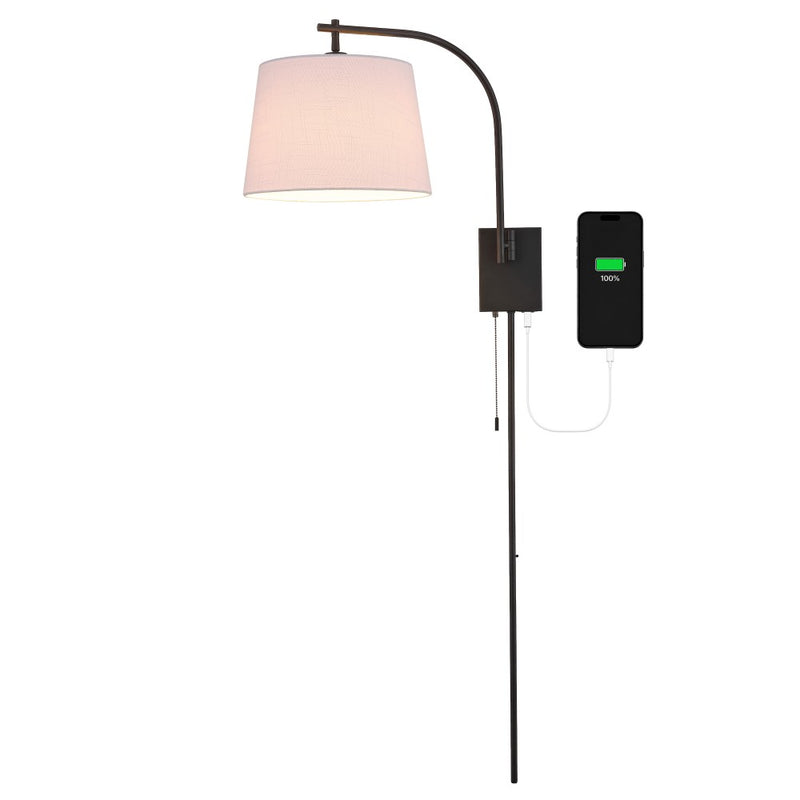Gosling 22.5" Mid-Century Modern Plug-In or Hardwired Iron LED Gooseneck Swing Arm Wall Sconce with Pull-Chain and USB Charging Port