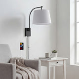 Gosling 22.5" Mid-Century Modern Plug-In or Hardwired Iron LED Gooseneck Swing Arm Wall Sconce with Pull-Chain and USB Charging Port