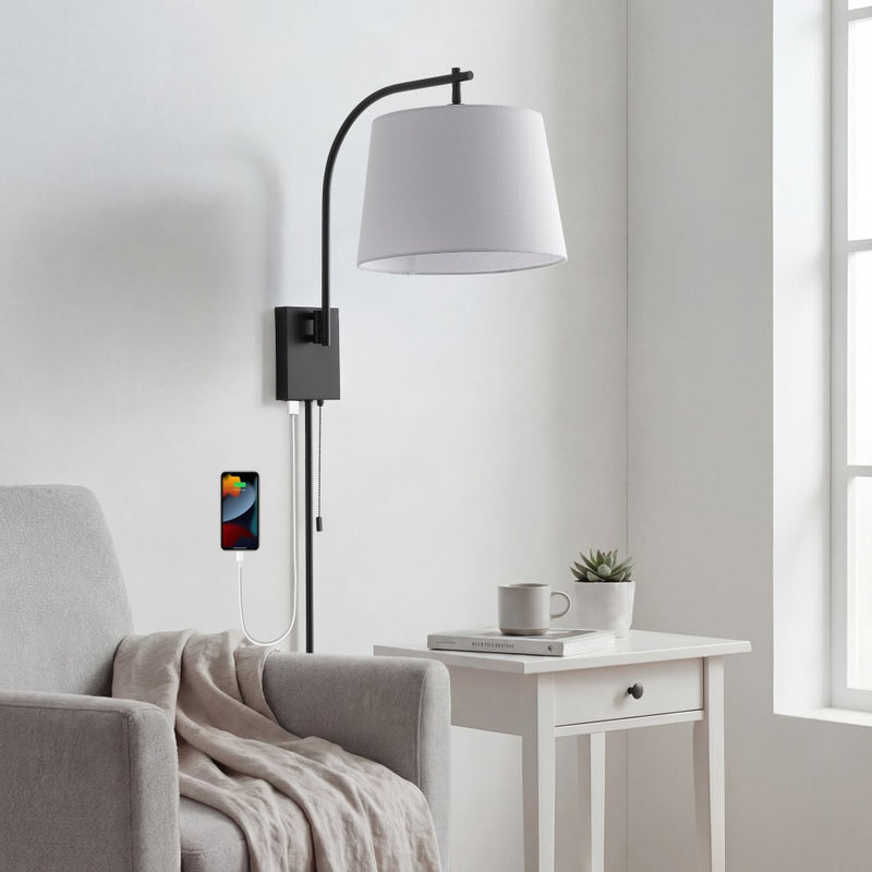 Gosling 22.5" Mid-Century Modern Plug-In or Hardwired Iron LED Gooseneck Swing Arm Wall Sconce with Pull-Chain and USB Charging Port
