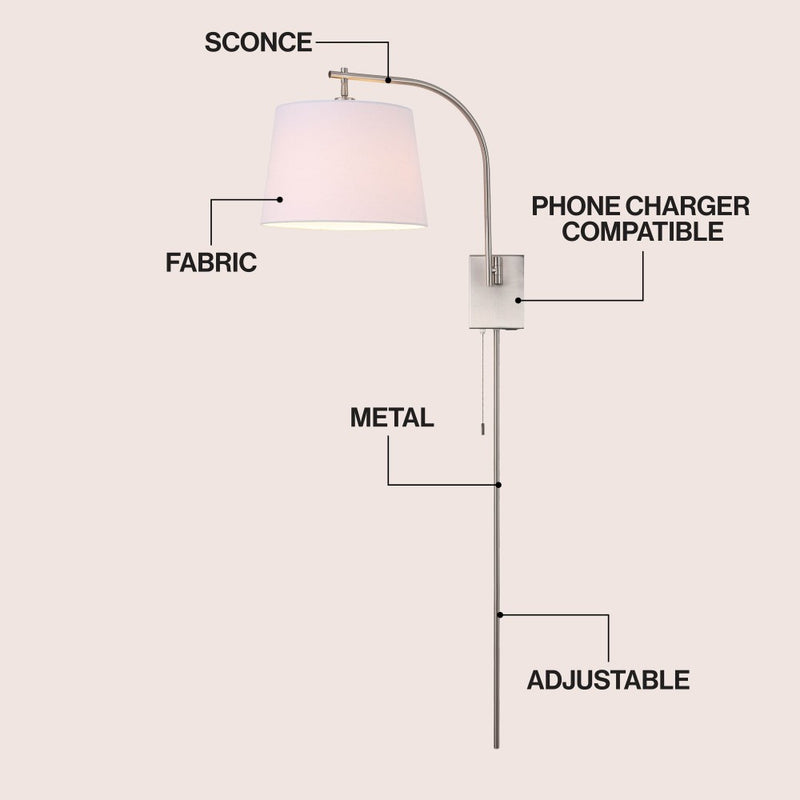 Gosling 22.5" Mid-Century Modern Plug-In or Hardwired Iron LED Gooseneck Swing Arm Wall Sconce with Pull-Chain and USB Charging Port