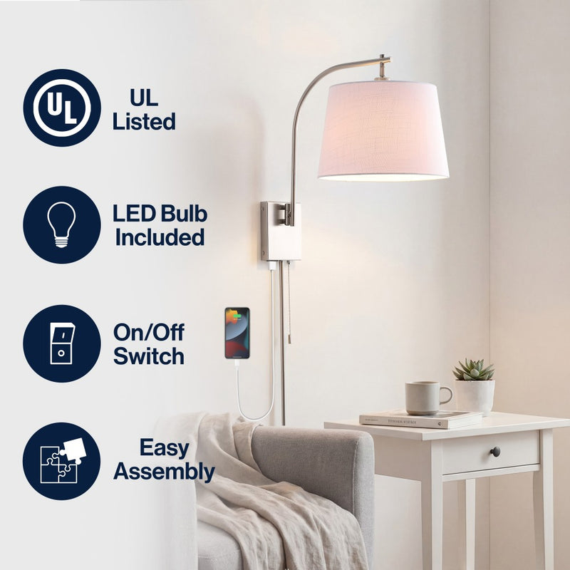 Gosling 22.5" Mid-Century Modern Plug-In or Hardwired Iron LED Gooseneck Swing Arm Wall Sconce with Pull-Chain and USB Charging Port