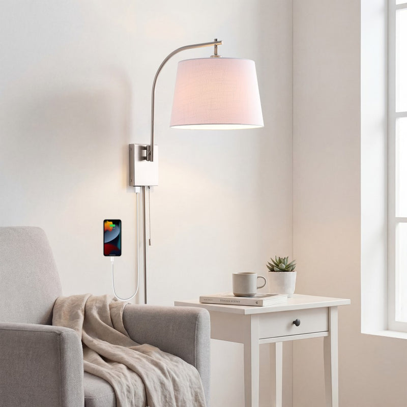 Gosling 22.5" Mid-Century Modern Plug-In or Hardwired Iron LED Gooseneck Swing Arm Wall Sconce with Pull-Chain and USB Charging Port