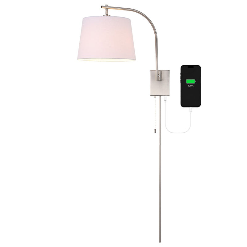 Gosling 22.5" Mid-Century Modern Plug-In or Hardwired Iron LED Gooseneck Swing Arm Wall Sconce with Pull-Chain and USB Charging Port