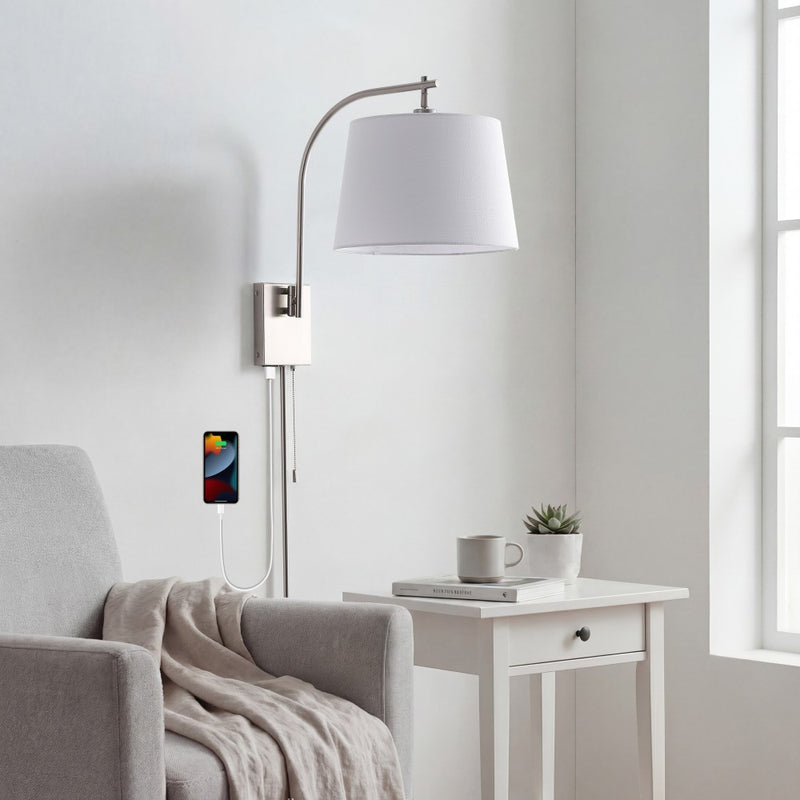 Gosling 22.5" Mid-Century Modern Plug-In or Hardwired Iron LED Gooseneck Swing Arm Wall Sconce with Pull-Chain and USB Charging Port