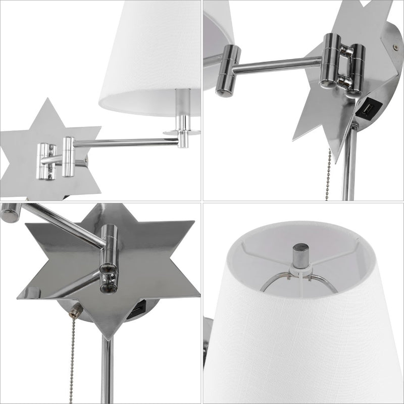 David 18.5" Modern French Country Swing Arm Plug-In or Hardwired Iron LED Star Wall Sconce with Pull-Chain and USB Charging Port - JONATHAN Y