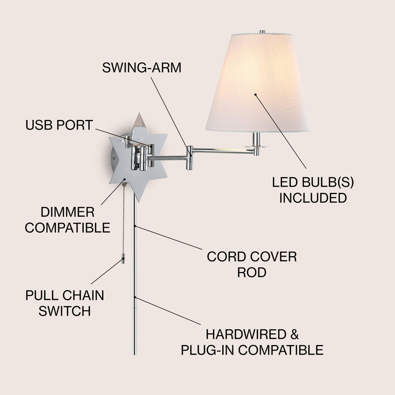 David 18.5" Modern French Country Swing Arm Plug-In or Hardwired Iron LED Star Wall Sconce with Pull-Chain and USB Charging Port - JONATHAN Y