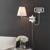 David 18.5" Modern French Country Swing Arm Plug-In or Hardwired Iron LED Star Wall Sconce with Pull-Chain and USB Charging Port - JONATHAN Y