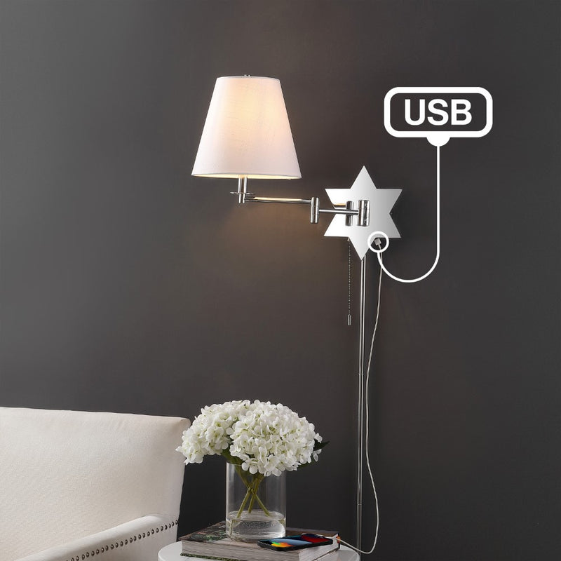 David 18.5" Modern French Country Swing Arm Plug-In or Hardwired Iron LED Star Wall Sconce with Pull-Chain and USB Charging Port - JONATHAN Y