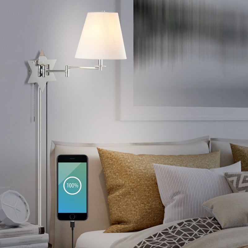David 18.5" Modern French Country Swing Arm Plug-In or Hardwired Iron LED Star Wall Sconce with Pull-Chain and USB Charging Port - JONATHAN Y
