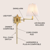 David 18.5" Modern French Country Swing Arm Plug-In or Hardwired Iron LED Star Wall Sconce with Pull-Chain and USB Charging Port - JONATHAN Y
