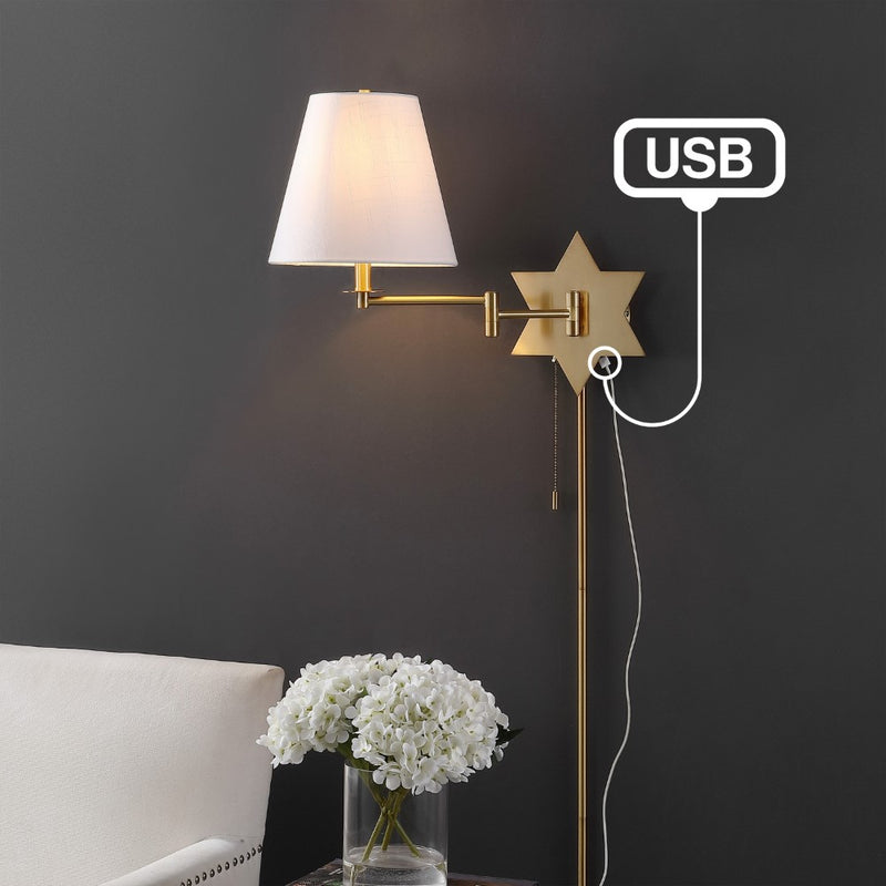 David 18.5" Modern French Country Swing Arm Plug-In or Hardwired Iron LED Star Wall Sconce with Pull-Chain and USB Charging Port - JONATHAN Y