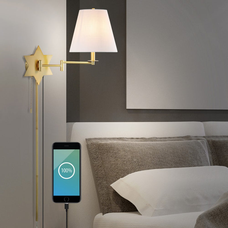 David 18.5" Modern French Country Swing Arm Plug-In or Hardwired Iron LED Star Wall Sconce with Pull-Chain and USB Charging Port - JONATHAN Y