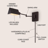 Arlo Farmhouse Industrial Single Swing Arm Plug-In or Hardwired Iron LED Wall Sconce with Pull-Chain