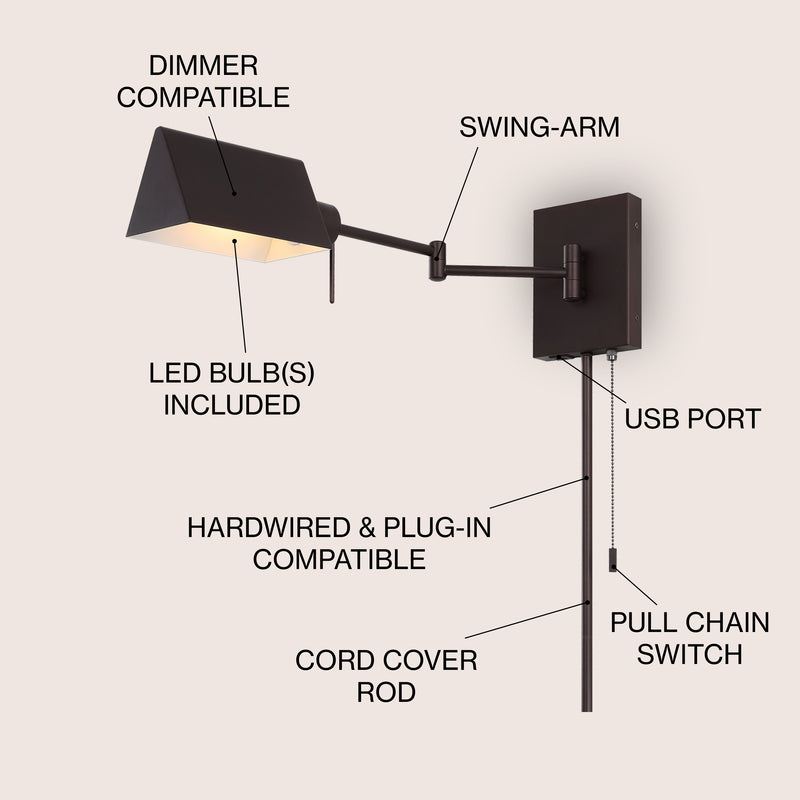 Arlo Farmhouse Industrial Single Swing Arm Plug-In or Hardwired Iron LED Wall Sconce with Pull-Chain