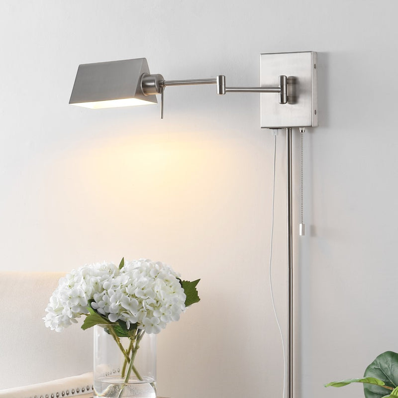 Arlo Farmhouse Industrial Single Swing Arm Plug-In or Hardwired Iron LED Wall Sconce with Pull-Chain - JONATHAN Y