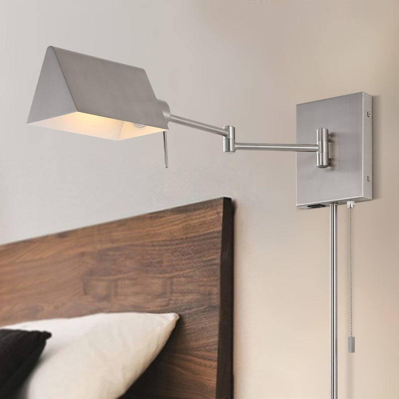 Arlo Farmhouse Industrial Single Swing Arm Plug-In or Hardwired Iron LED Wall Sconce with Pull-Chain