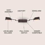 Arlo Farmhouse Industrial Single Swing Arm Plug-In or Hardwired Iron LED Wall Sconce with Pull-Chain