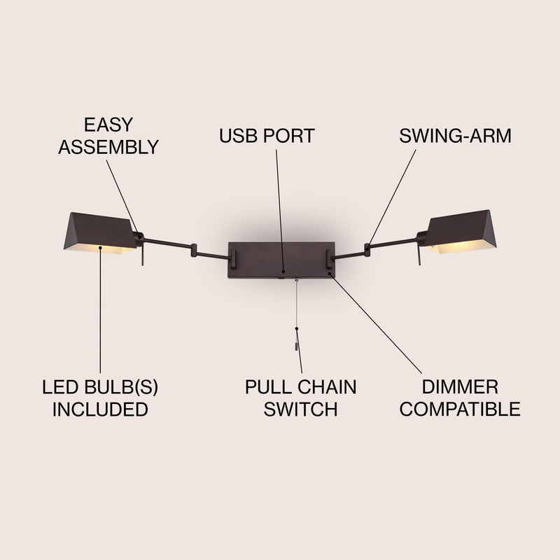 Arlo Farmhouse Industrial Single Swing Arm Plug-In or Hardwired Iron LED Wall Sconce with Pull-Chain