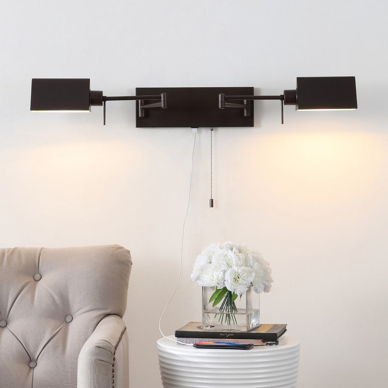 Arlo Farmhouse Industrial Single Swing Arm Plug-In or Hardwired Iron LED Wall Sconce with Pull-Chain