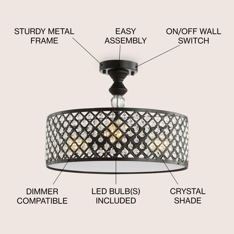 Elise 17" Crystal/Metal Drum Semi-Flush Mount - JONATHAN Y