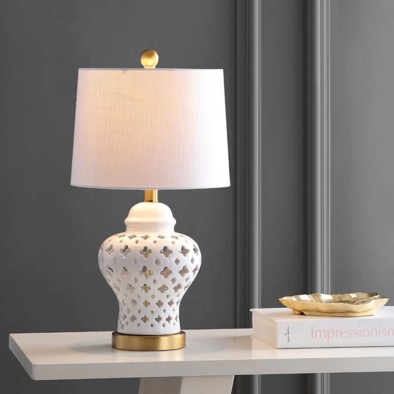 Quatrefoil Fretwork 20.5" Pierced Ginger Jar Ceramic/Metal LED Table Lamp - JONATHAN Y