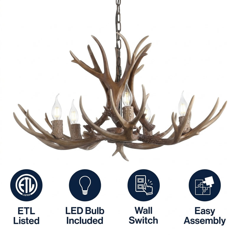 Eldora Rustic Farmhouse Adjustable Resin Antler LED Chandelier Brown / 5 Sockets – ICONS