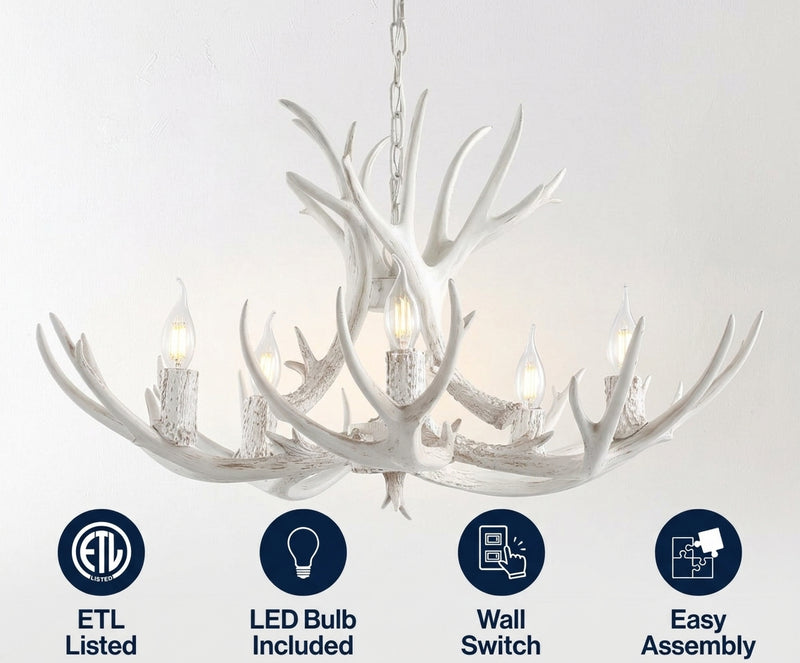 Eldora Rustic Farmhouse Adjustable Resin Antler LED Chandelier White / 5 Sockets – ICONS