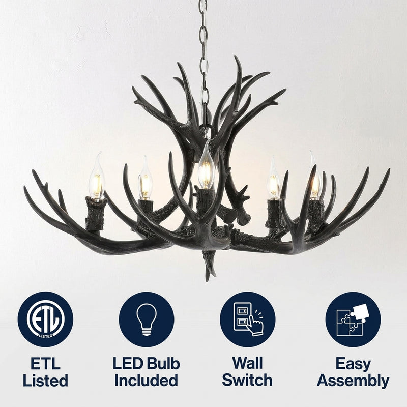 Eldora Rustic Farmhouse Adjustable Resin Antler LED Chandelier Black / 5 Sockets – ICONS