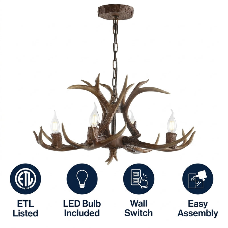 Eldora Rustic Farmhouse Adjustable Resin Antler LED Chandelier Brown / 4 Sockets – ICONS