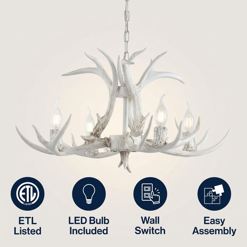 Eldora Rustic Farmhouse Adjustable Resin Antler LED Chandelier White / 4 Sockets – ICONS
