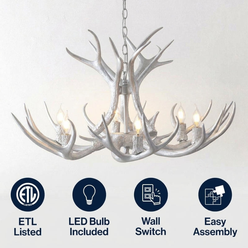 Eldora Rustic Farmhouse Adjustable Resin Antler LED Chandelier Silver / 4 Sockets – ICONS