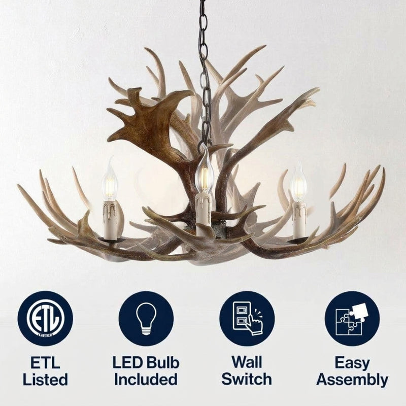 Eldora Rustic Farmhouse Adjustable Resin Antler LED Chandelier Brown / 3 Sockets – ICONS