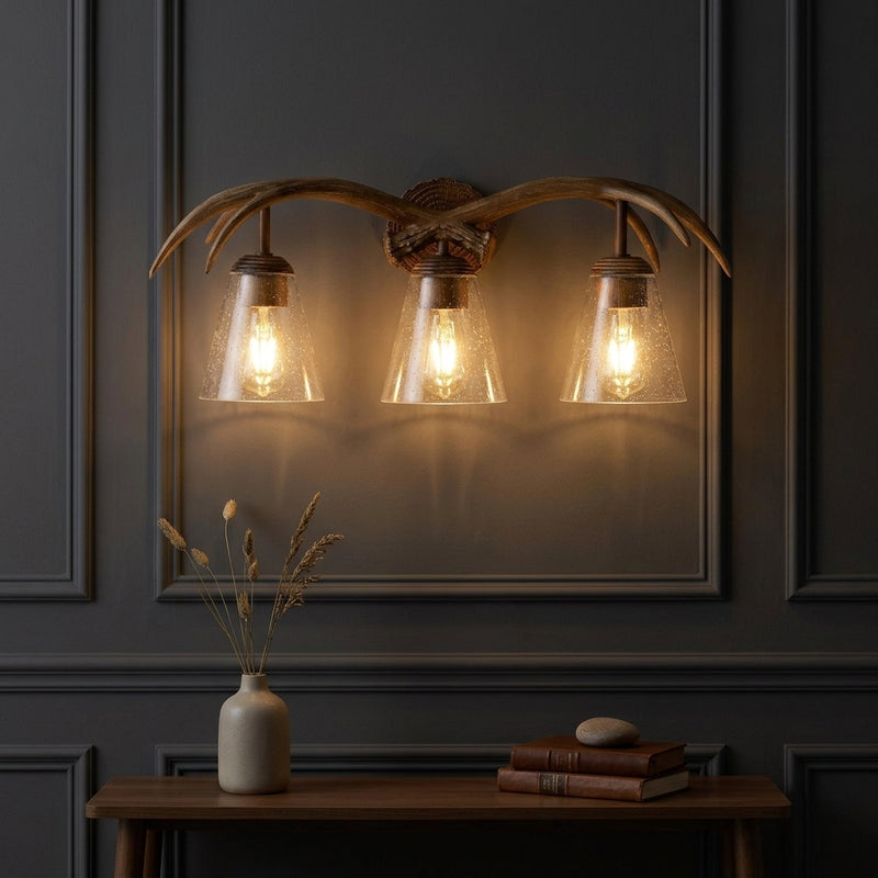 Wyatt Southwestern Bohemian Resin/Seeded Glass Faux Antler LED Vanity Light Brown Wood Finish / 3 Sockets – AI-ON