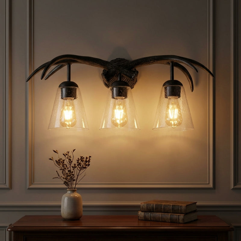Wyatt Southwestern Bohemian Resin/Seeded Glass Faux Antler LED Vanity Light Antique Black Wood Finish / 3 Sockets – AI-ON